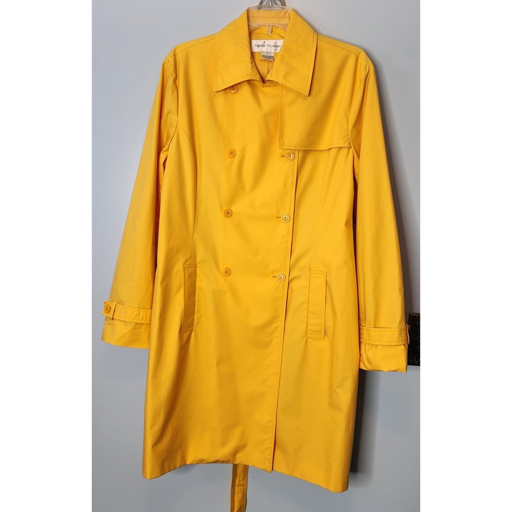 Vtg Rena Rowan Trench Coat Womens Large Yellow Excellent Belted Double Breasted
